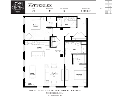 Floor plan for 2 beds, 2 baths, 1262 sqft